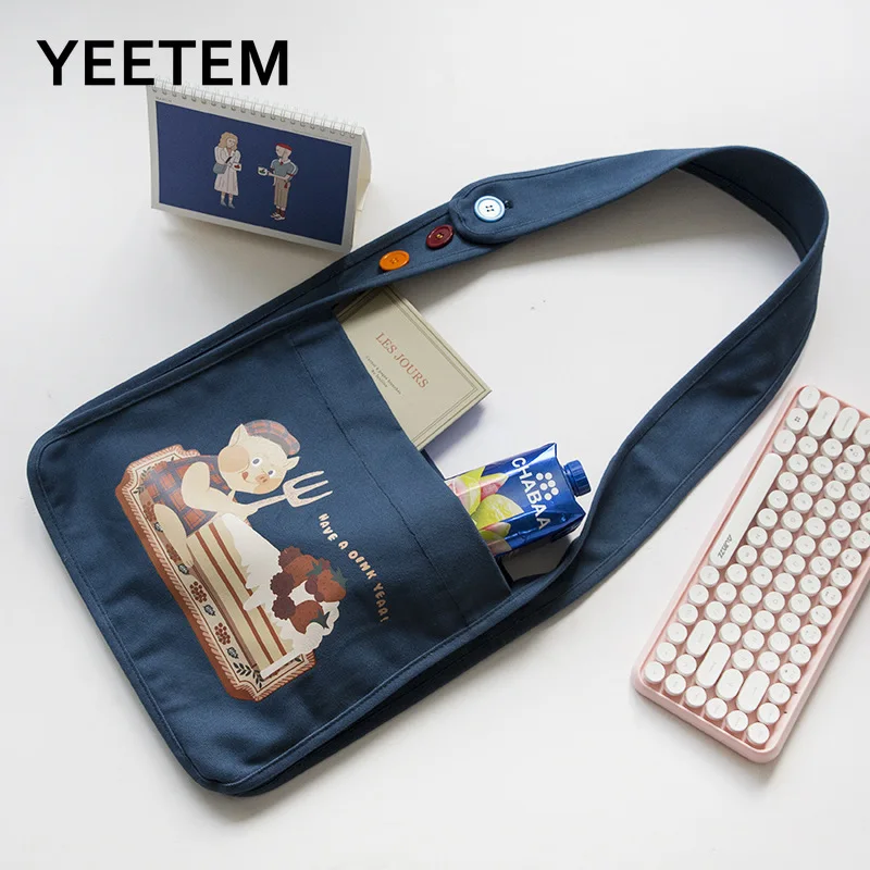 

Мультфильм красивая парусиновая сумка пуговицами на плече сумка оригинальный милый поросенок иллюстрации холщовый мешок Кнопка сумка чер...