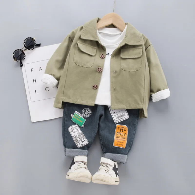New Spring Autumn Children Clothes Baby Boys Girls Lapel Jacket T Shirt Pants 3Pcs/sets Kids Infant Clothing Toddler Sportswear |