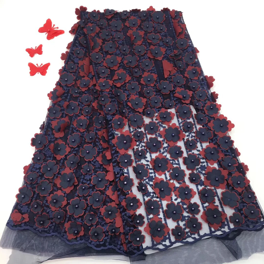 Кружевная ткань французский Тюль с 3D цветами вышивка жемчугом и бисером RF28461 | Дом