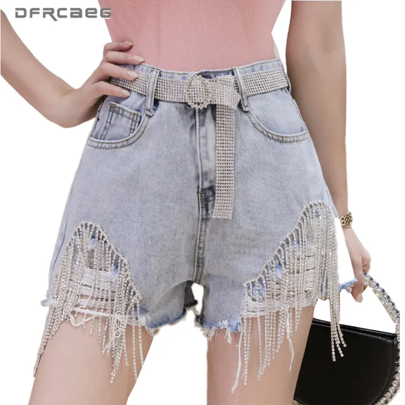 Шорты женские рваные из денима с бахромой завышенной талией и
