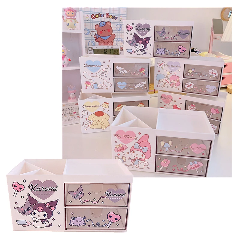 

Anime Cartoon Animals Kuromi Cinnamoroll My Melody kt cat Purin dog desktop Double layer drawer Kawaii Pen holder Storage Box