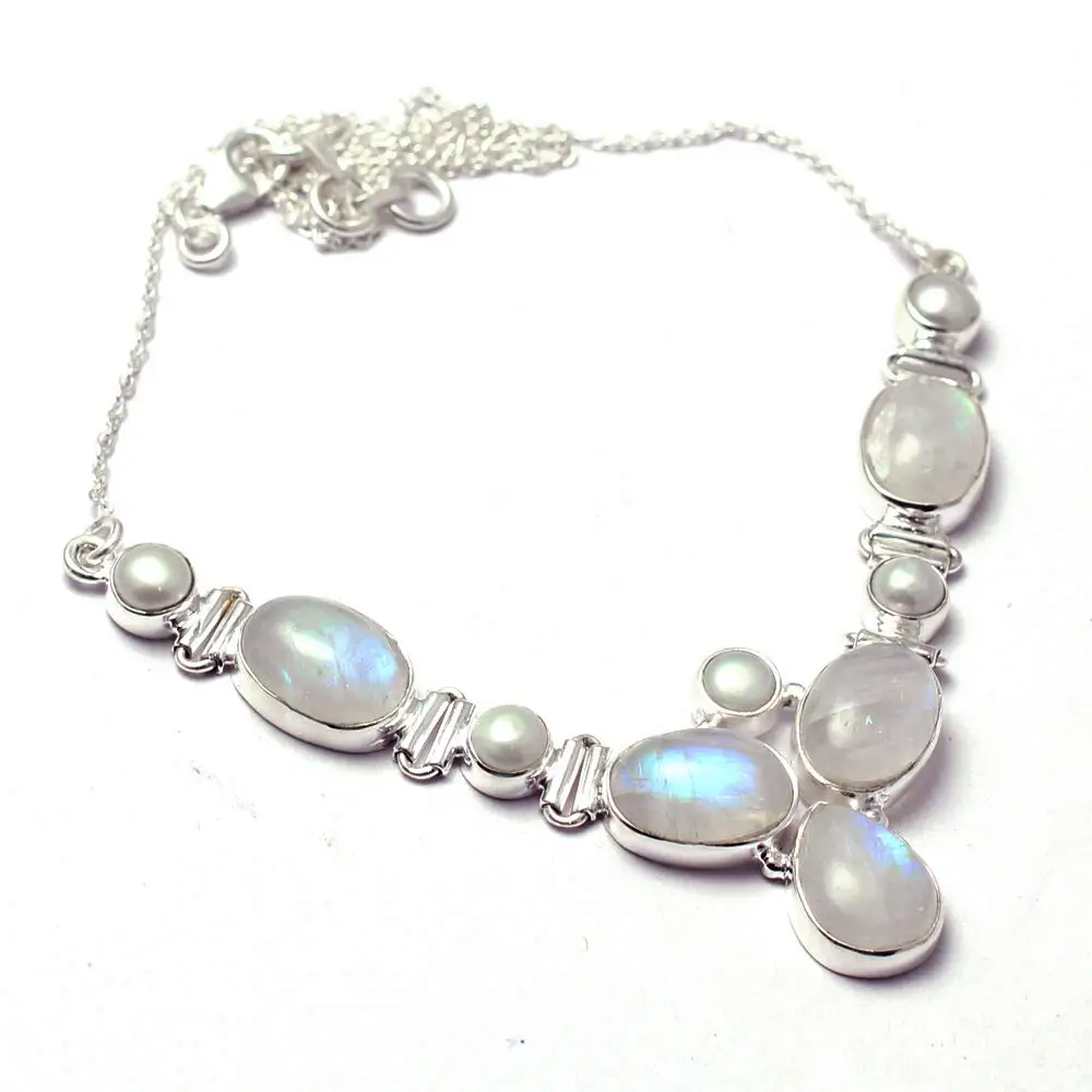 Настоящее голубое ожерелье с лунным камнем + жемчужное из стерлингового серебра
