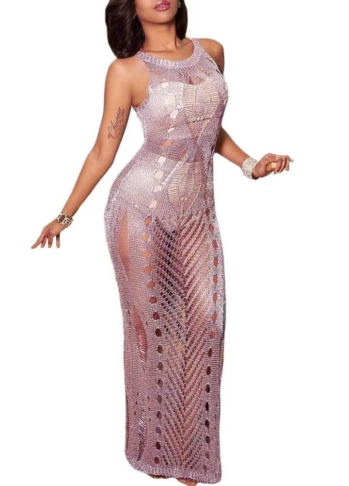 2019 сексуальный женский полый Тонкий платье с круглым вырезом без Рукавов Сплит