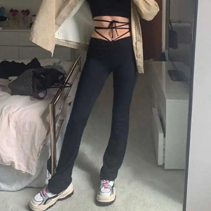 

Skinny Elastic High Waist Female Black Bandage Straight Pants Women Fashion Long Slim White Trousers Streetwear Outfits