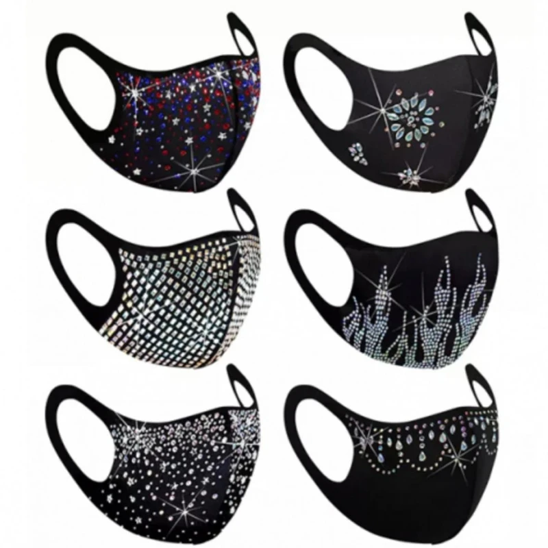 

6Pcs Shiny Rhinestone Crystal Jewelry Face Mask Dustproof Washable Reusable Nightclub Party Decorative Mouth Cover