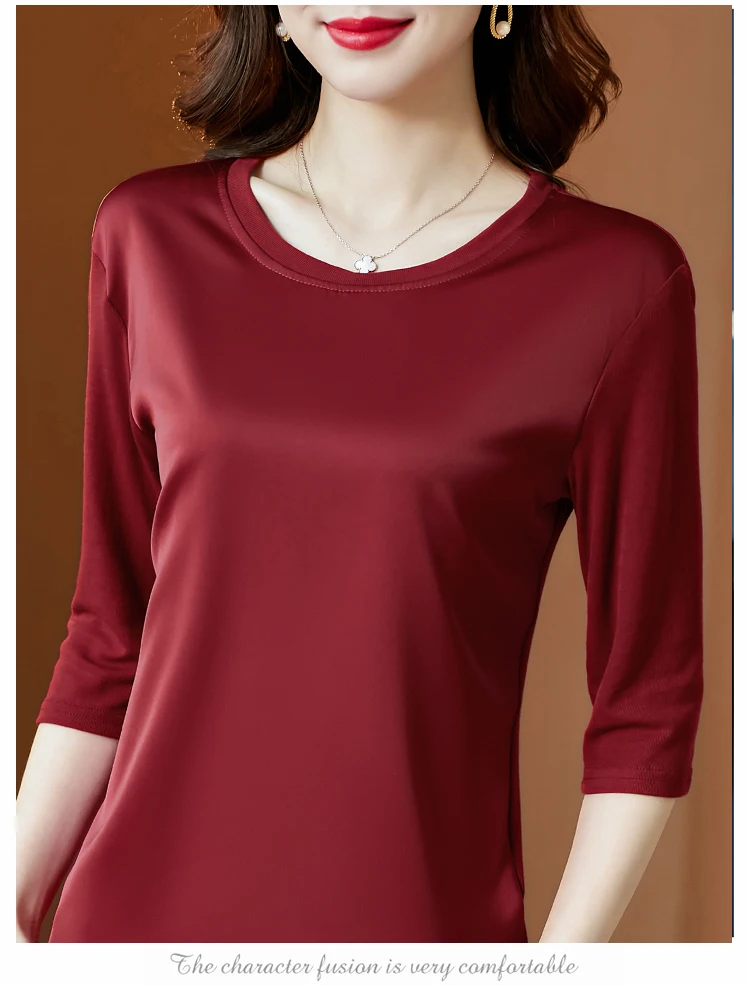 

Summer Korean Fashion Silk T-shirts for Women Vintage Satin Tops for Women Long Sleeves Loose Office Lady Shirts