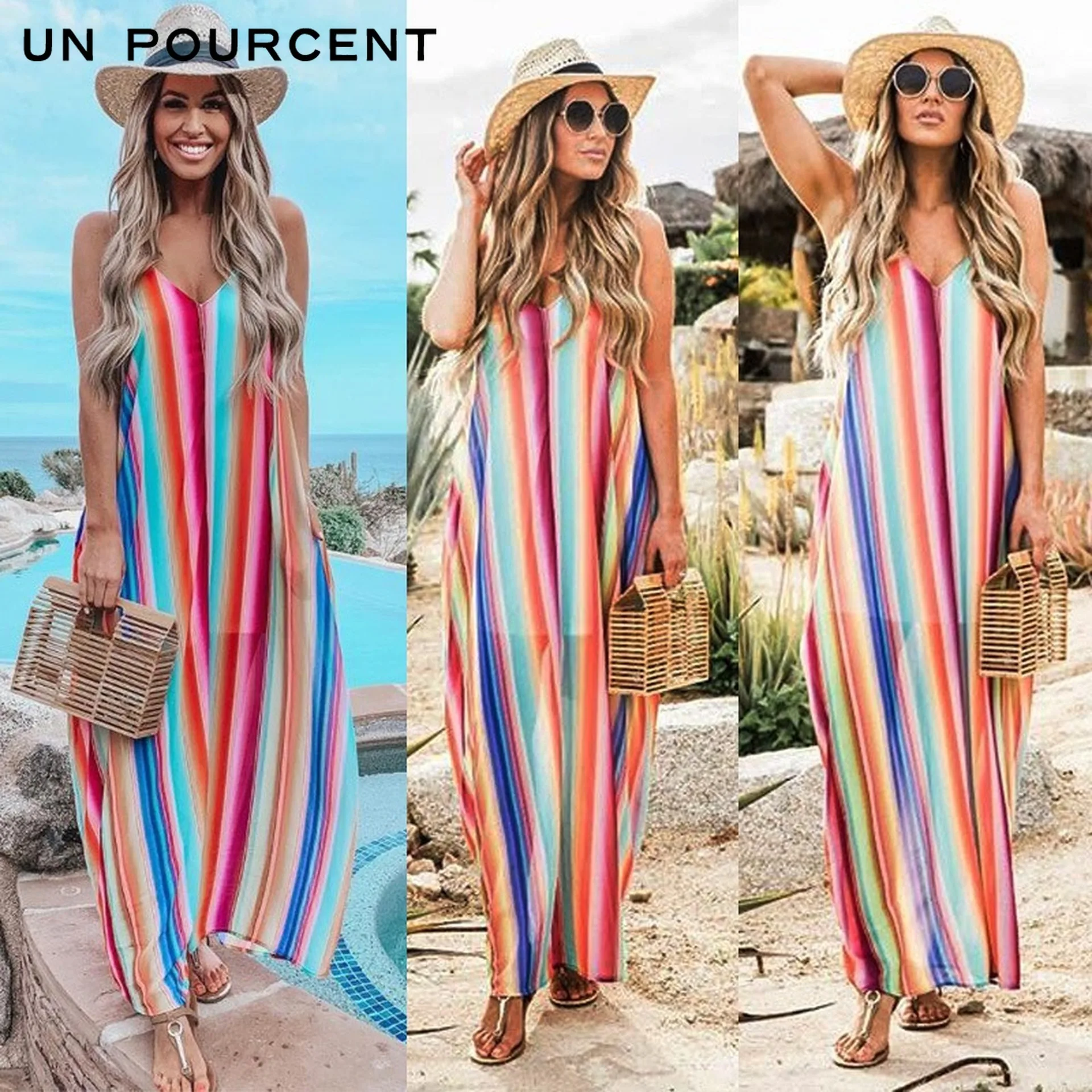 

Sexy Dress Boho Foreign Trade Women Dress Vintage Summer Deep V Neck Sexy Loose Rainbow Gradient Color Dress Suspender Dress