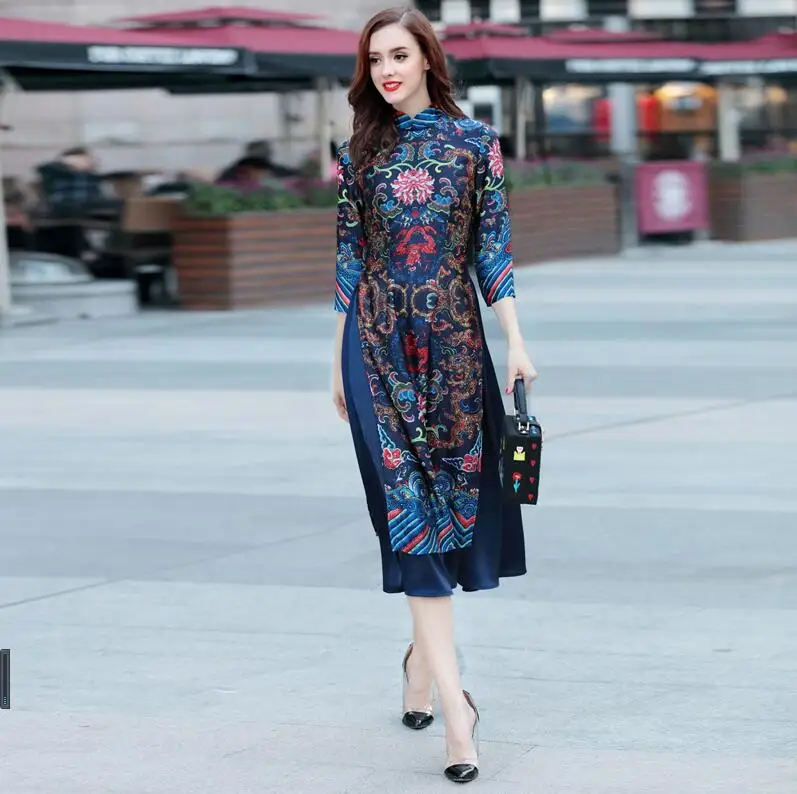 Cheongsam вьетнамские женщины среднего возраста Аутентичные Длинные Элегантные