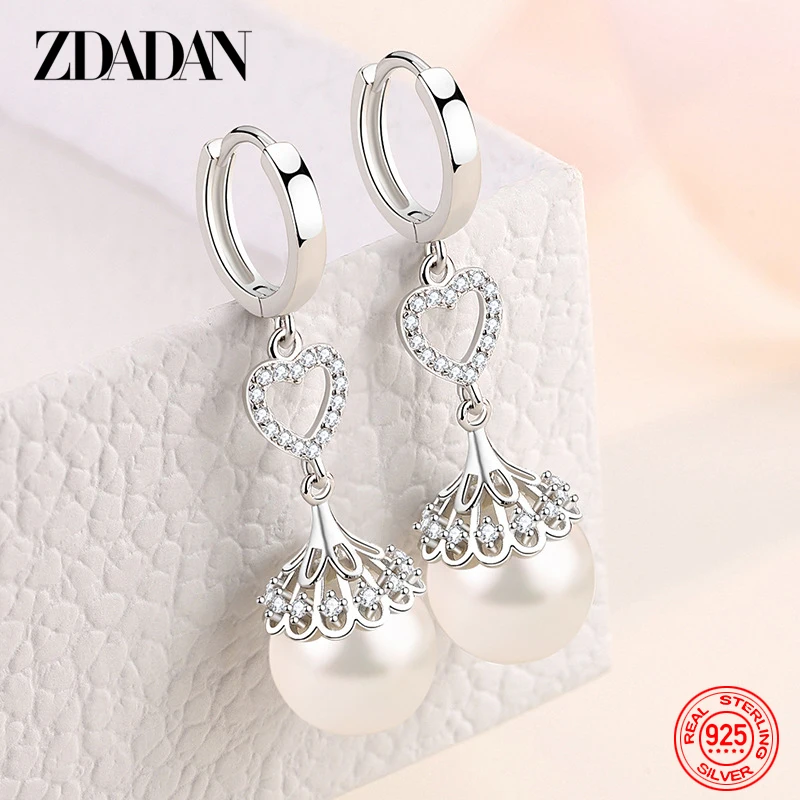 

ZDADAN 925 Sterling Silver Heart Pearl Earrings For Women Fashion Wedding Party Jewelry Gift