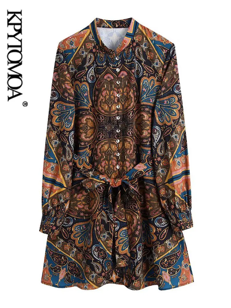 

KPYTOMOA Women Chic Fashion With Belt Totem Print Mini Shirt Dress Vintage Long Sleeve Button-up Female Dresses Vestidos Mujer