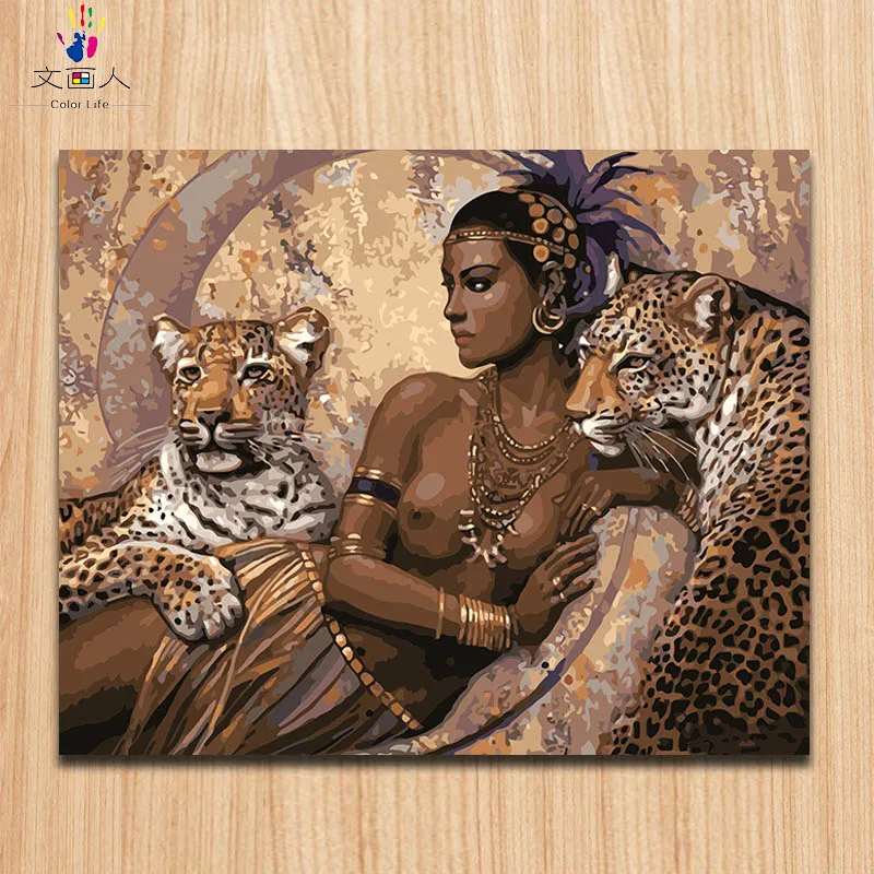 Раскрашивание по номерам элегантная темная кожа женщины и леопарды африканские