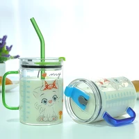 childrens milk bottles handle breakfast cup cute cartoon cat straw bottles large capacity creative glass water bottles