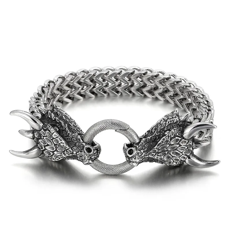 Мужской плетеный браслет из нержавеющей стали с пряжкой в виде головы дракона |