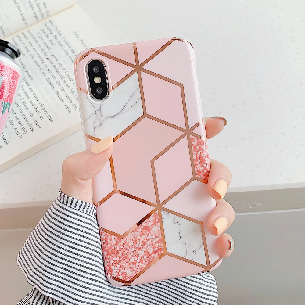 

LOVECOM Plating Geometric Phone Case For iPhone 12 Mini 11 Pro Max XR XS Max 7 8 Plus X Soft IMD Marble Phone Back Cover Cases