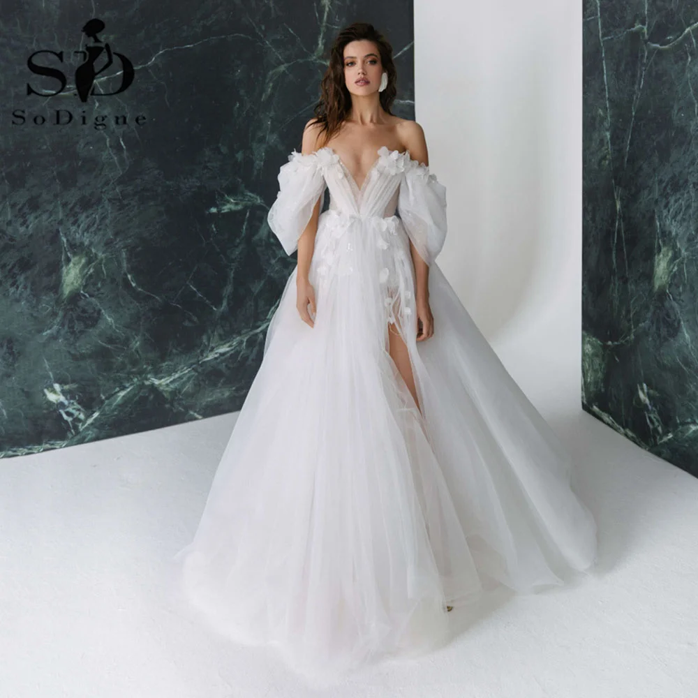 

SoDigne Elegant Ivory Boho Wedding Dress Sexy V Neck Glitter Tulle Bridal Gowns Heart Flower Slit A-Line Wedding Gowns