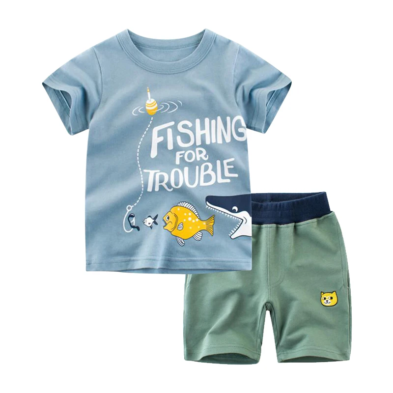 BINIDUCKLING Summer Toddler Boy Clothes Set Cartoon Cotton Blue Short Sleeve T-shirt+Shorts 2PCS For Kid Children Clothing Sets |