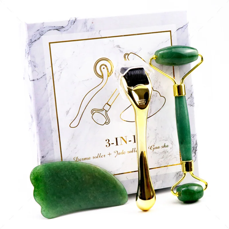 

Natural Jade Stone Facial Massagers Roller Set for women Beauty Skin Care Face lift scraper anti-wrinkle Microneedle Roller