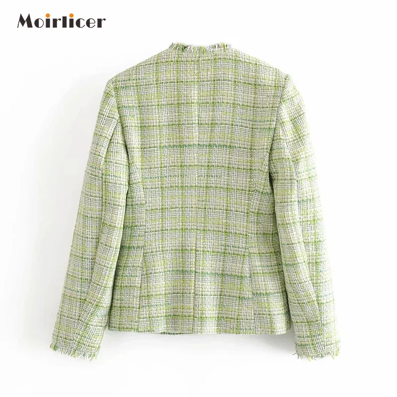 Женский твидовый блейзер с длинным рукавом зеленая клетчатая куртка V-образным