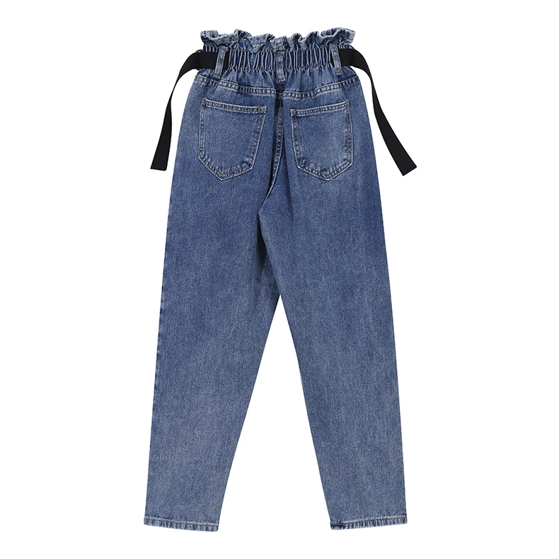 

Ruffled Elastic Waist Mom Jeans for Women 2021 Spring and Summer New Slimming Loose Denim Trouse Straight Casual Pants Trendy
