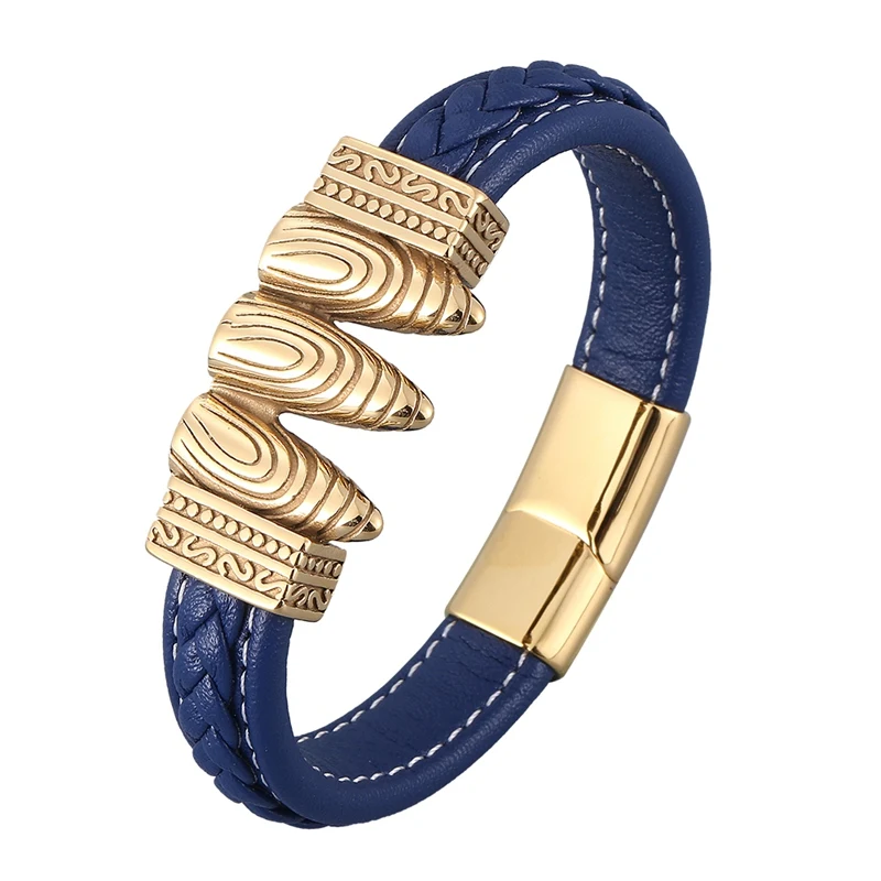 

Trendy Men Jewelry Bullet Shape Gold Stainless Steel Magnet Clasp Handmade Blue Leather Bracelet Male Wrist Band Gift PD0909