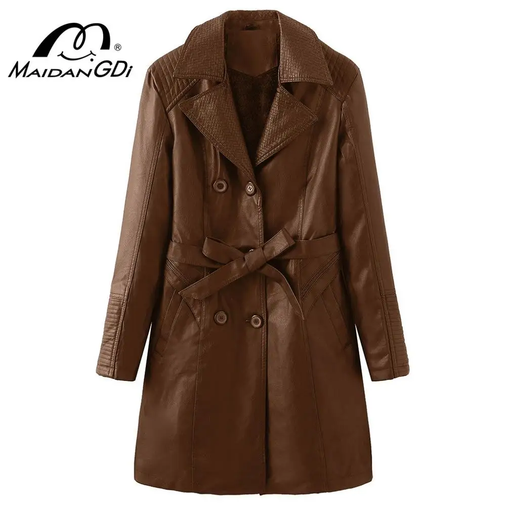 

Женская кожаная куртка MAIDANGDI, Повседневная Длинная однобортная верхняя одежда из искусственной кожи, ветровка, 2020