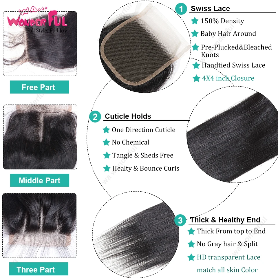 3 пряди из прозрачного кружева и застежка 28 дюймов человеческих волос с застежкой