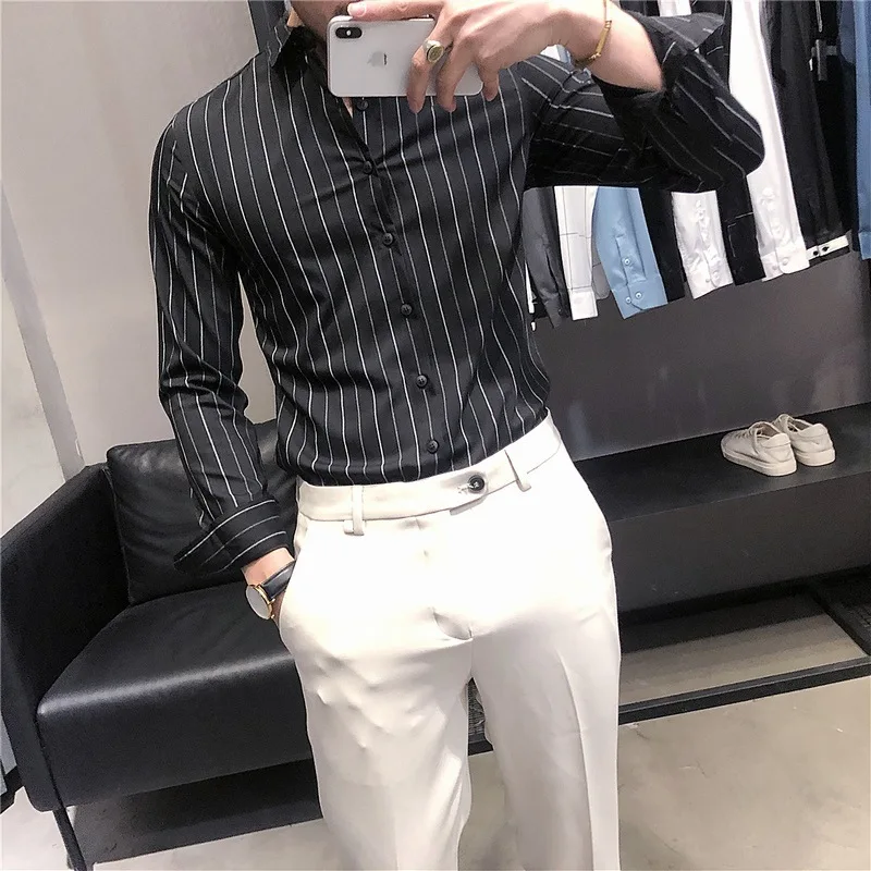 

Men Clothing 2021 Spring Long Sleeve Shirt Business Casual Shirt Formal Stripe Print Camisas Para Hombre
