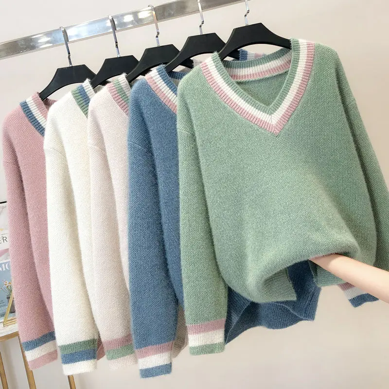 

Wind Student Knitted Bottoming Sweater Femal Striped Color Matching F15 Sweet Long-sleeved V-neck Sweater Pullover Women Spring
