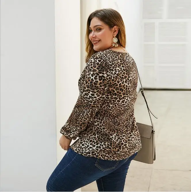 Женская блузка с поясом и леопардовым принтом Длинная размера плюс 3XL 4XL длинными
