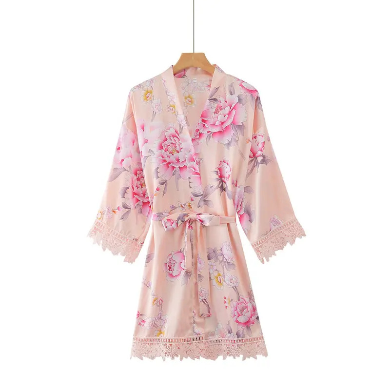 blush YUXINBRIDAL халаты с цветочным принтом с кружевной отделкой цветочный атласный Шелковый Свадебный невесты кимоно для невесты Халаты вечерние халат свадьба - Цвет: blush
