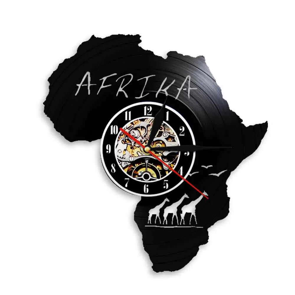 African Vinyl Record Wall Clock Home Decor Art Wall Hanging Watch Unique Modern Africa Map Silhouette Clocks With LED Lighting