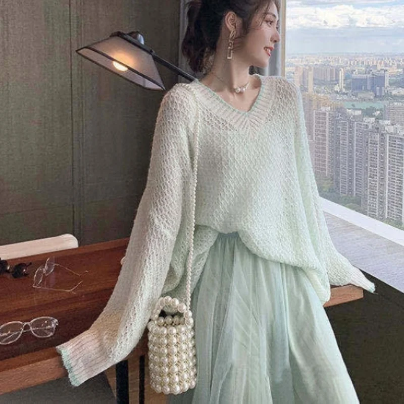 

Women Sweater 2021 Spring Autumn Elegant 2 Piece Suit Female Hollow Out Long Sleeve Pullover Tops +Elastic Waist Mesh Skirt Set