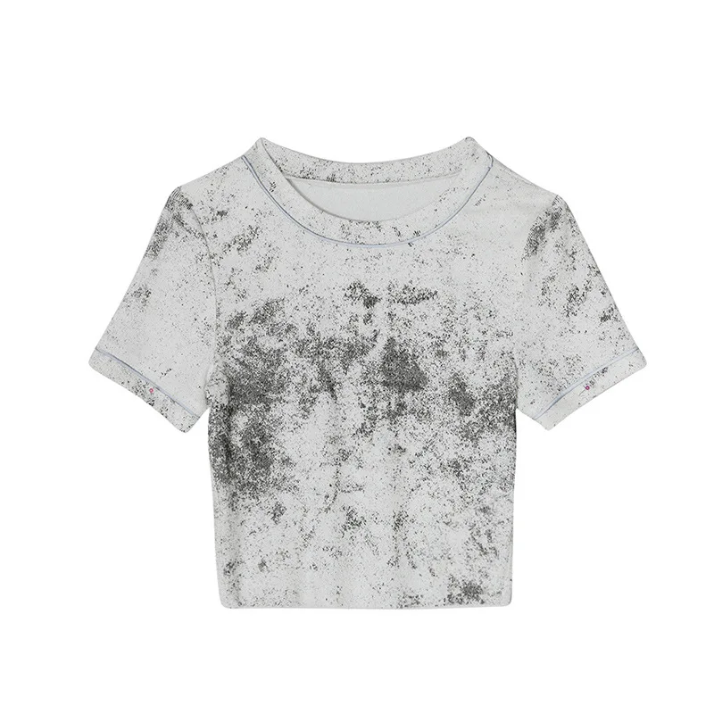 

2021 New Hot Summer European and American Women's Tops Sexy Slim Round Neck Short Sleeve Printed Splicing Navel Bare T-shirt