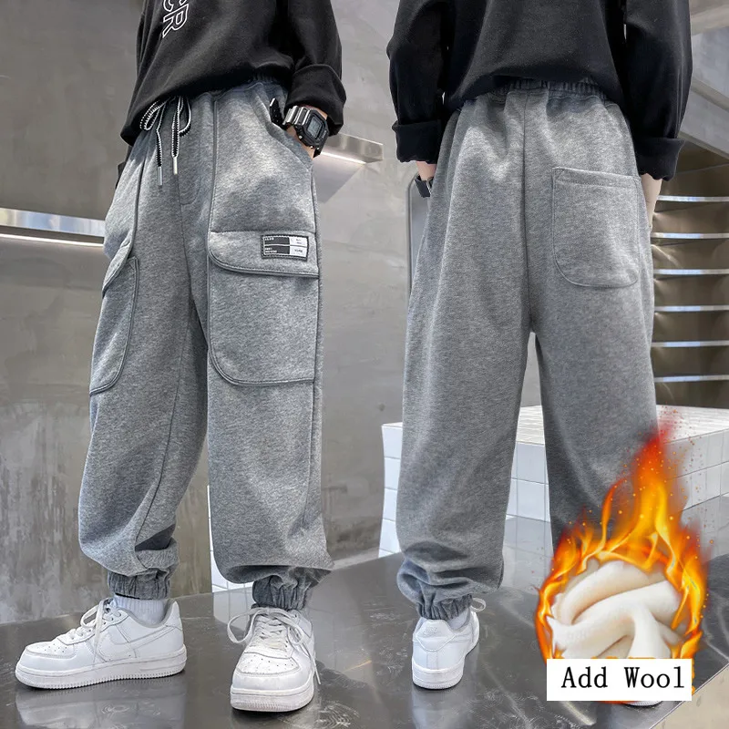 

Winter Big Boys Warm Cargo Pants Cotton Teenage Thicken Add Wool Sweatpants Fashion Children Loose Solid Color Trousers 8 To 12