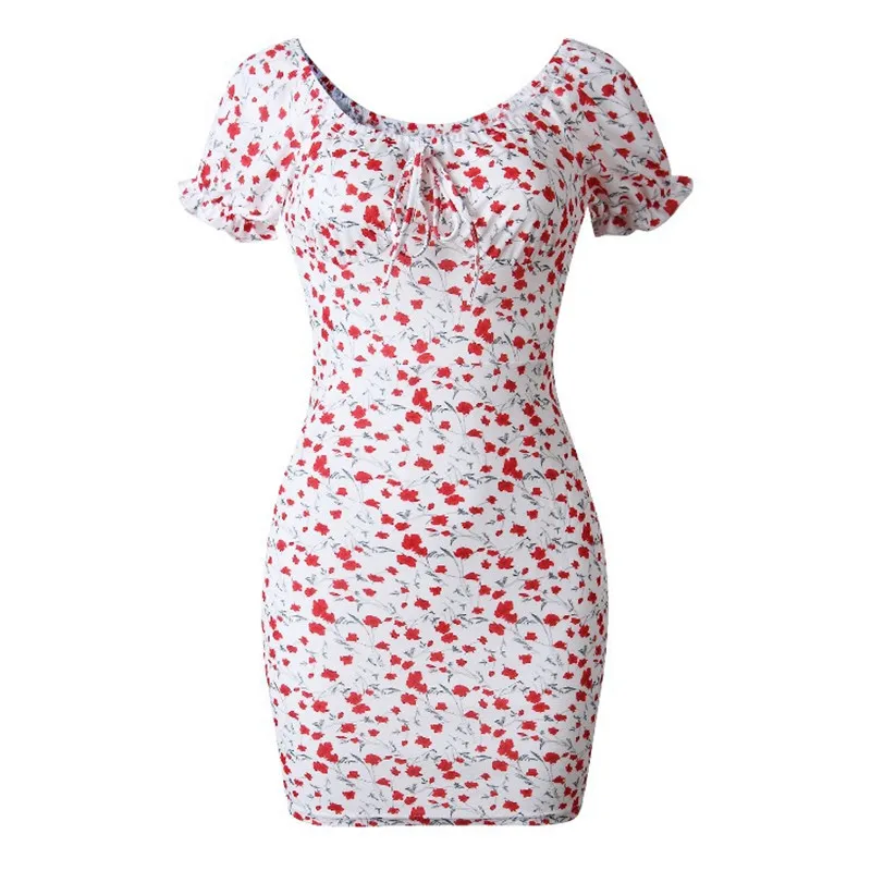 

Women's Bodycon Dress 2021 Summer Fashion Print Polka Dot Halter Round Neck Lace-Up Sweet Dress Slim Short Sleeve Dresses Femme