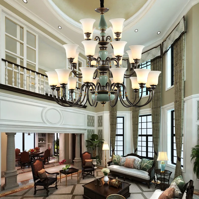Лестница Led E27 Металлическая лампа большие матовые стеклянные люстры фойе вилла