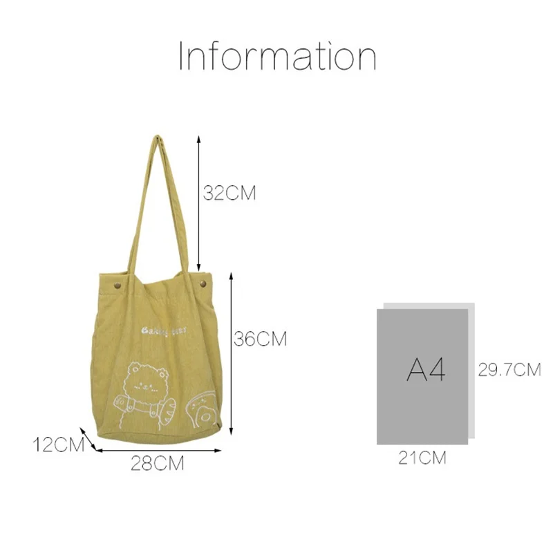 

Women Corduroy Hand Bag 2021 New Cute Bear Embroidery Shoulder Bags Ladies Daily Shopping Bag Large Capacity Students Books Bag