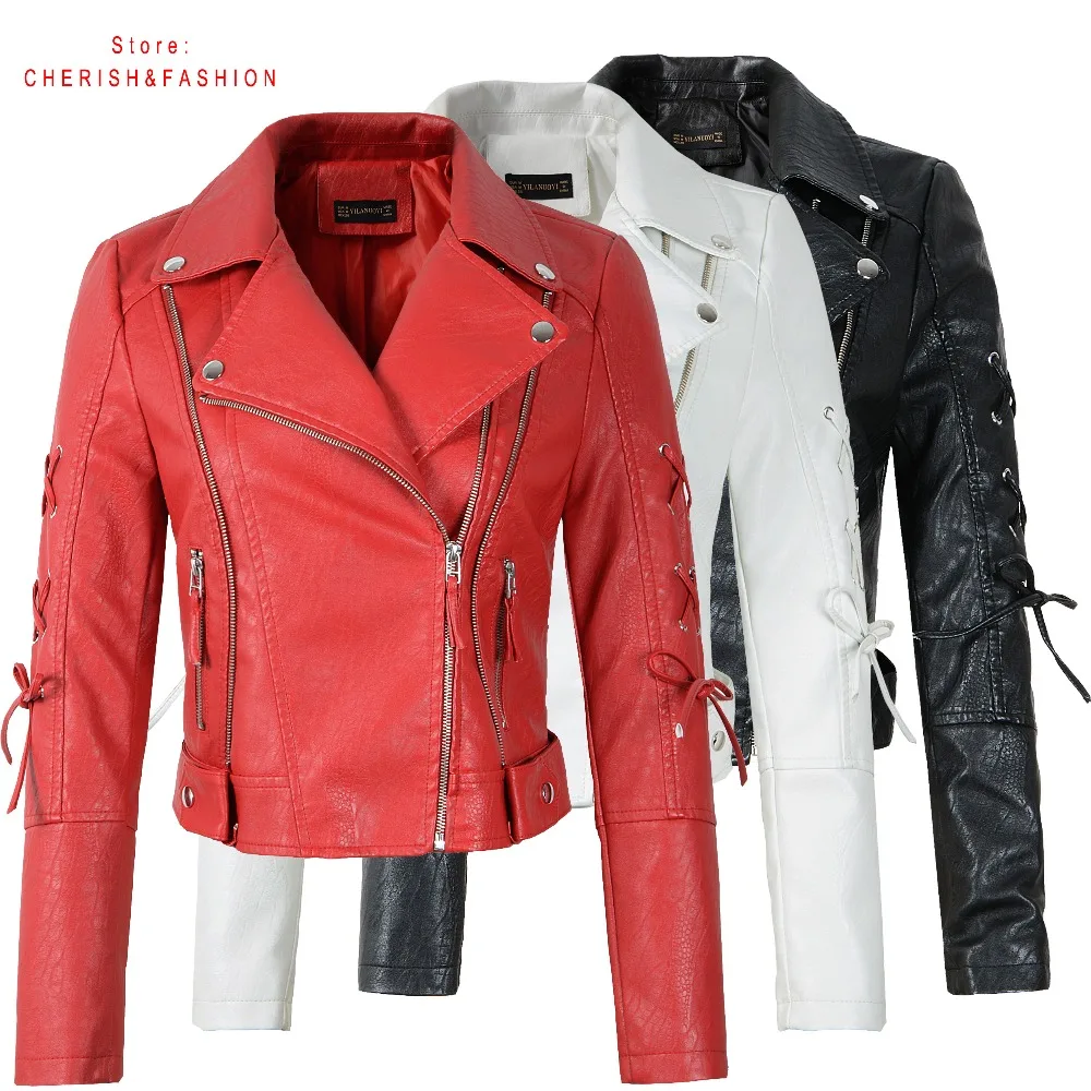 Pop Arrival Nice brand Winter Autumn Motorcycle leather jackets red leather jacket women leather coat  slim PU jacket Leather