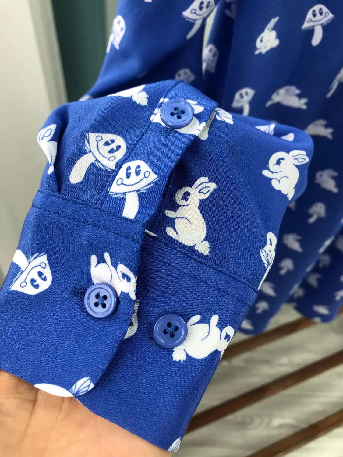 

Cute Little Rabbit Mushroom Printted Women's Blue Blouse Ladies Single-breasted Shirt Female Long Sleeve Shirts Tops Clothing