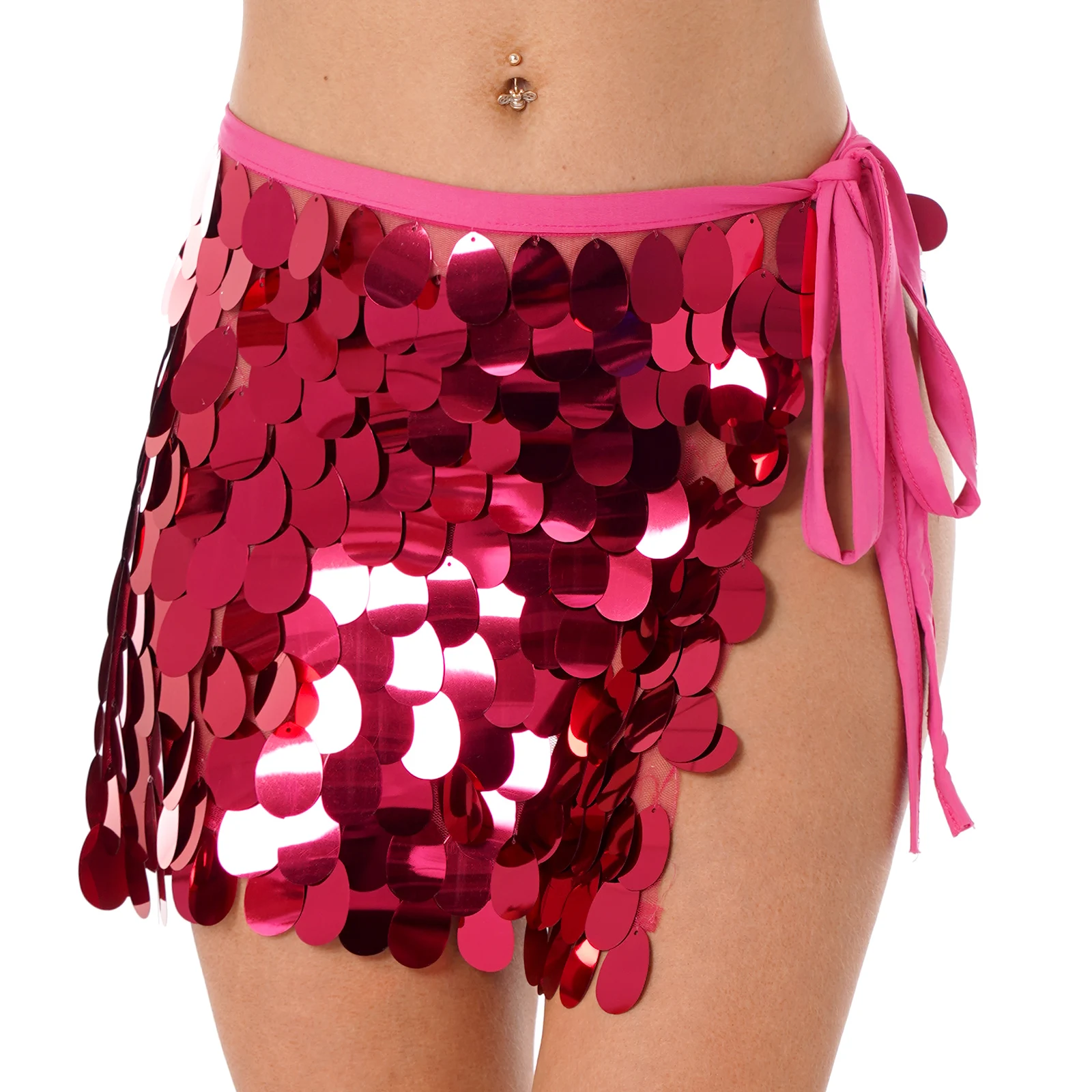 

Women Shiny Sequin Tassel Skirt Hip Scarf Belly Dance Stage Performance Costume Lace-up Fringed Miniskirt
