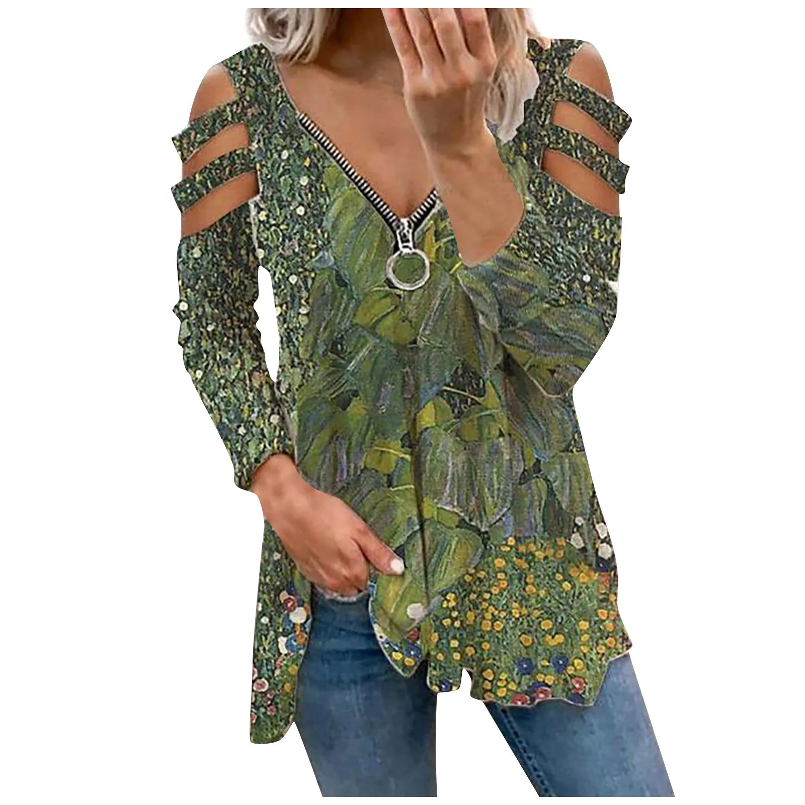 

Woman Tshirts Fashion Retro Printed Zipper Long-sleeved V-neck T-shirt Top Women Clothing Funny T Shirts Camisetas De Mujer
