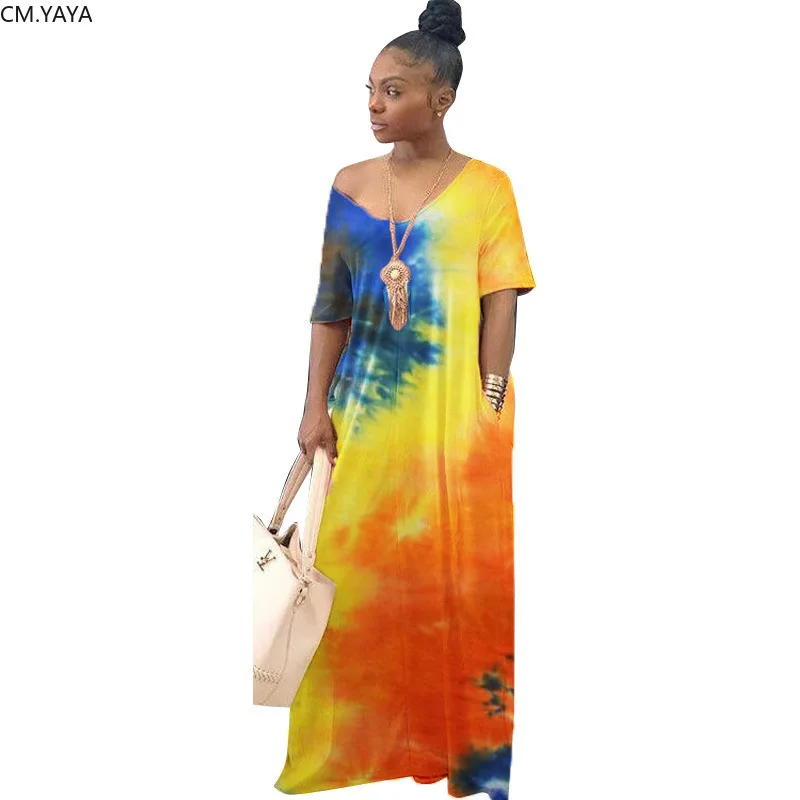 Женское летнее платье макси CM.YAYA с принтом V-образным вырезом и коротким рукавом