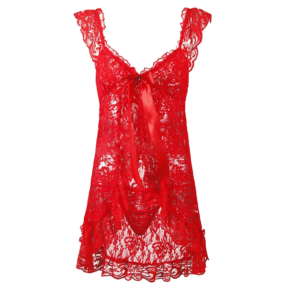 

Sexy Women Lingerie Halter Bow Lace See Through Sleepwear W/ G-string Sets Erotic Dress Sexy Underwear