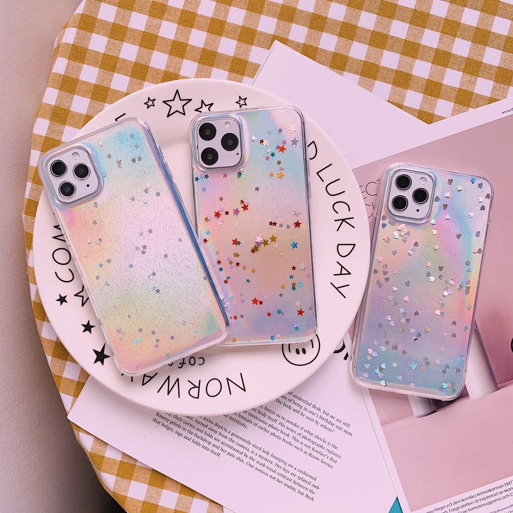 Holographic Glitter Star Heart Sparkle Sequins Soft Clear Silicone TPU Cover For iPhone SE 6 6s 7 8 Plus X XS XR 11 Pro Max Case | Мобильные
