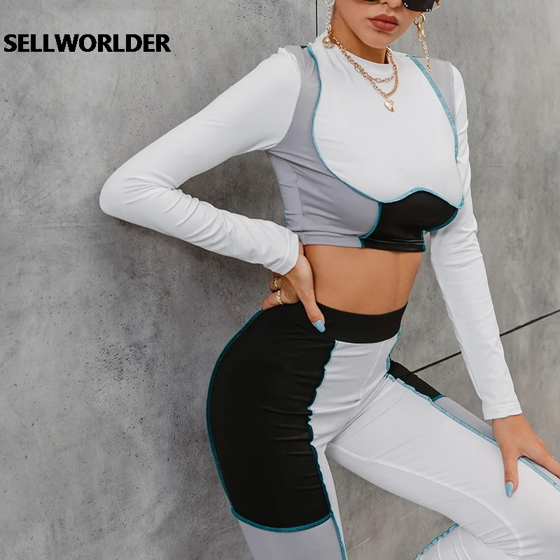 

Patchwork Sexy Crop Top and Pants New 2021 Women Suits Sportswear Casual Slim long Sleeve Top Outfits Matching Set