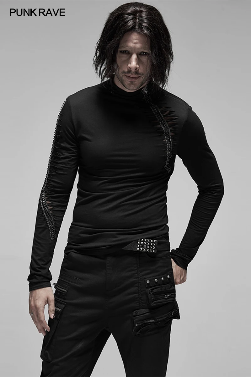 Мужская футболка с длинным рукавом черная облегающая в стиле Харадзюку | одежда