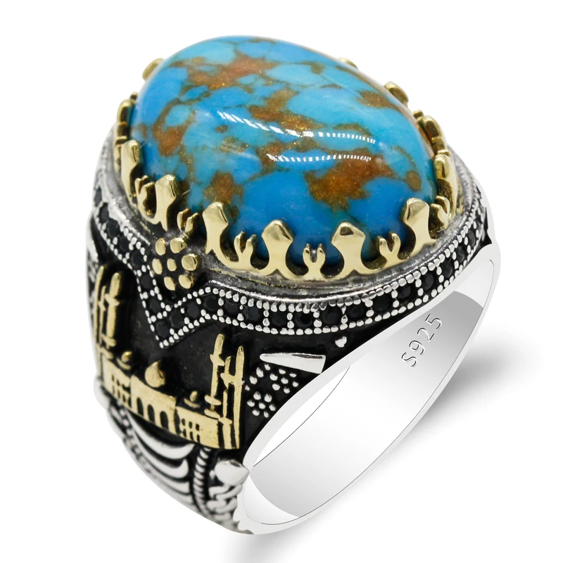 Настоящее серебро 925 пробы мужские кольца из натурального бирюзового камня