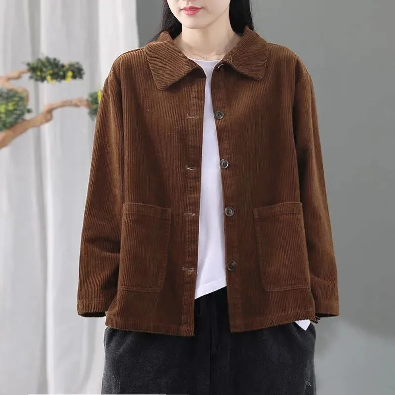 

Women's Corduroy Jackets Short 2024 Spring Autumn New Cotton Coat Single-Breasted Jacket Loose Female Overwear Tops