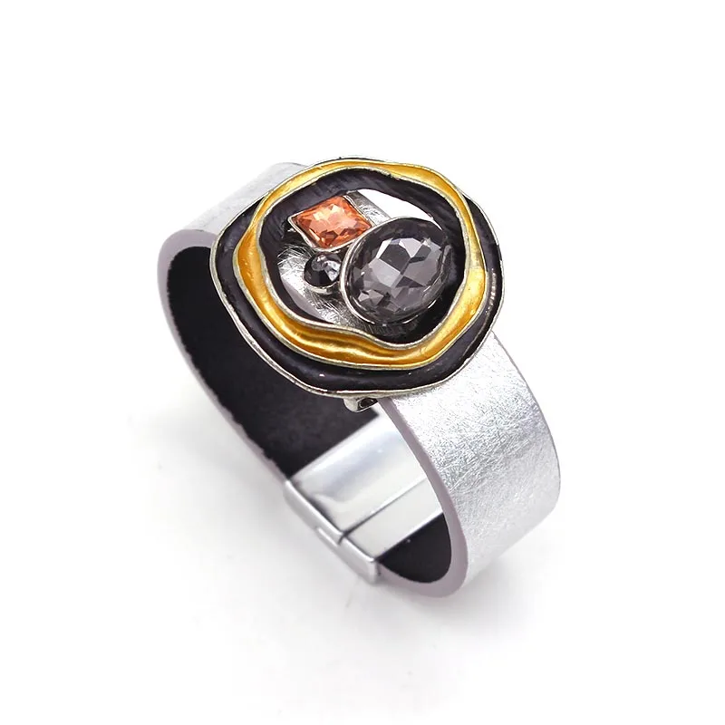 D & широкий кожи с украшениями в виде кристаллов Кожаные браслеты из нержавеющей