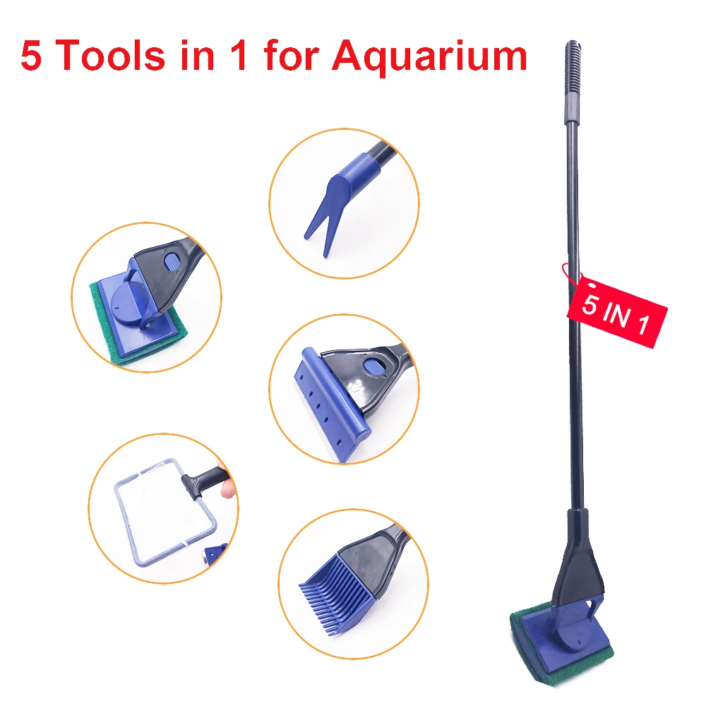

5 In 1 Aquarium Tank Cleaner Set Fish Net Gravel Rake Algae Scraper Grass Fork Sponge Brush Glass Fish Tank Cleaning Tools
